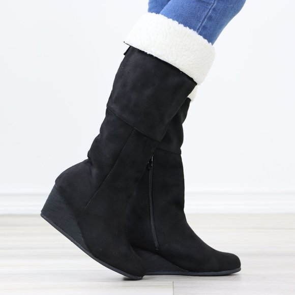 Sherpa Fold Over Black Below The Knee Wedge Heeled Boots Faux Suede - Picture 5 of 12